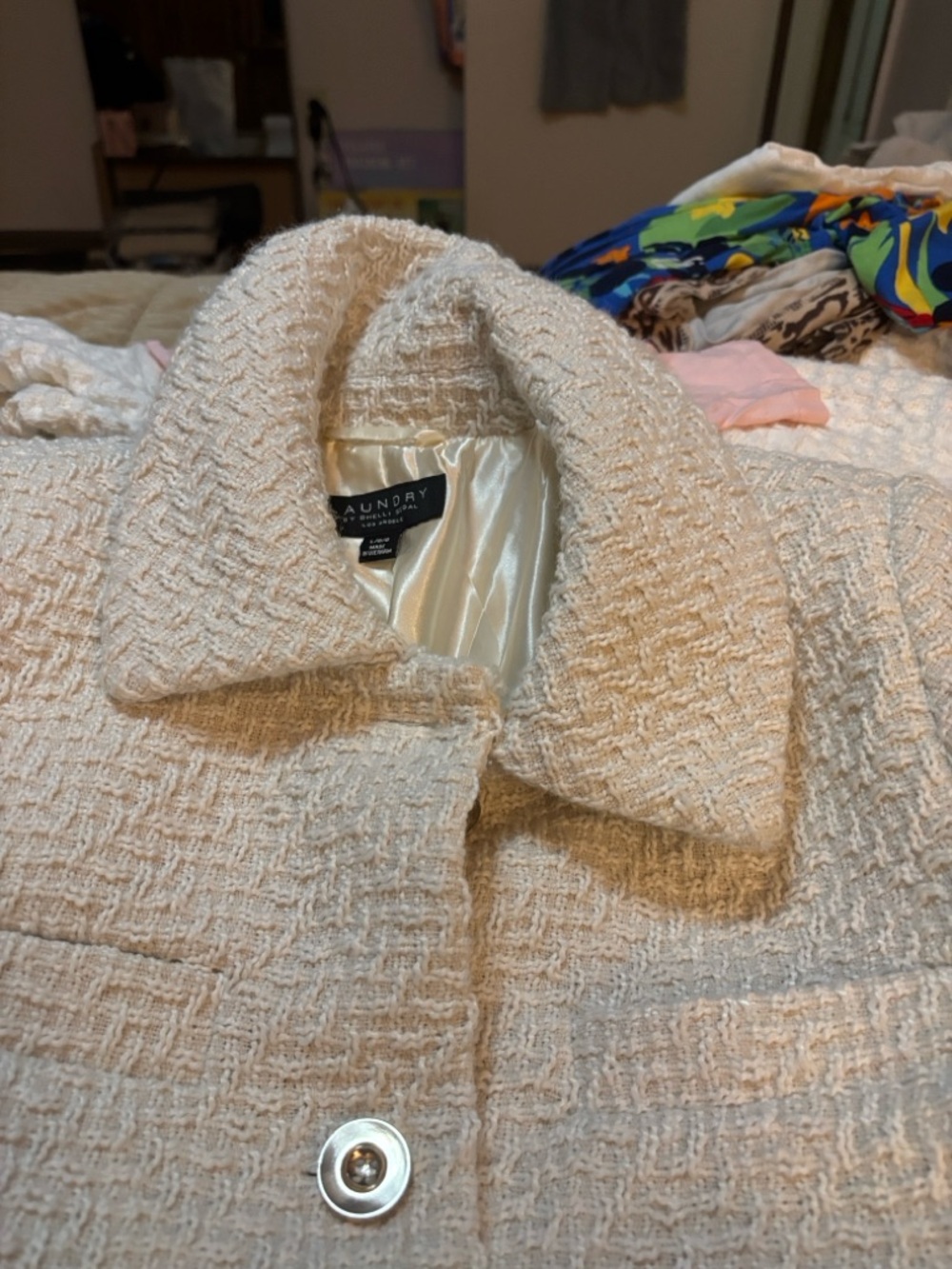 Laundry By Shelli Segal Cream Textured Bouclé coat